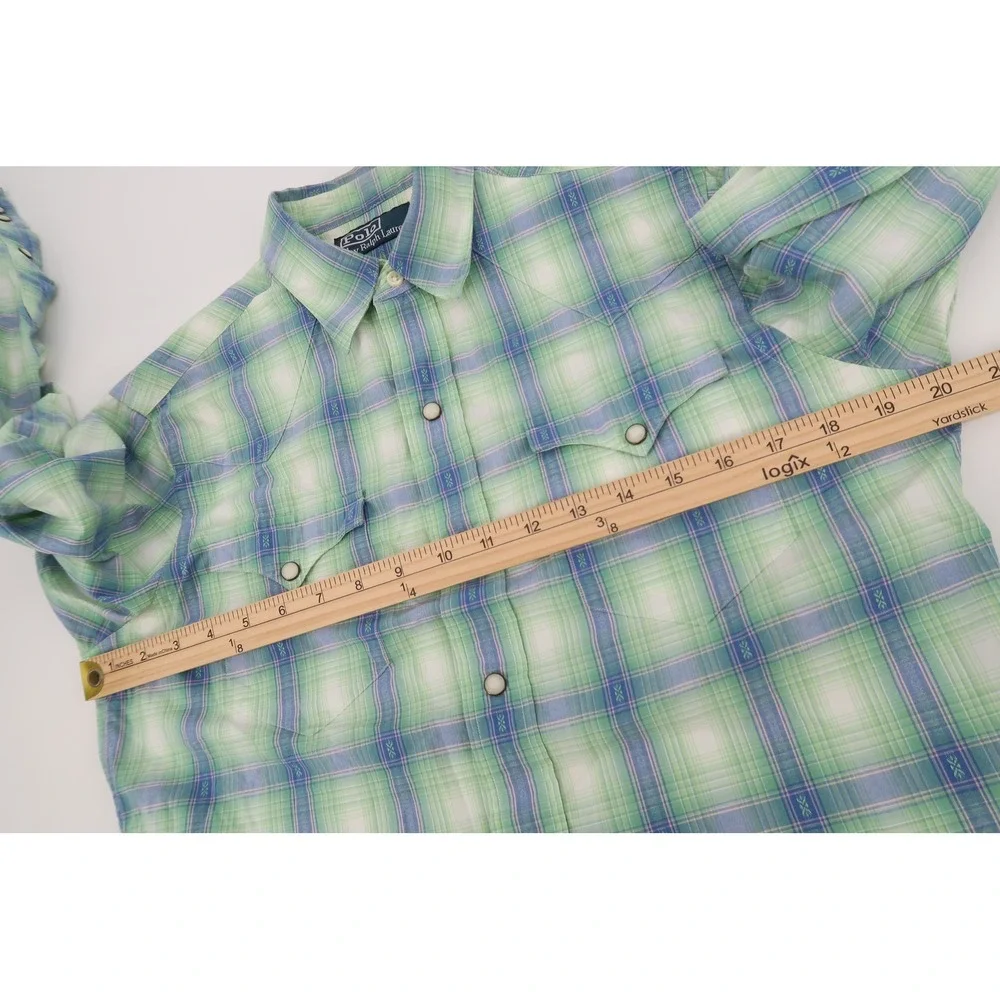 Vintage‎ Polo Ralph Lauren Western Shirt Mens Small Green Blue Plaid Pearl Snap